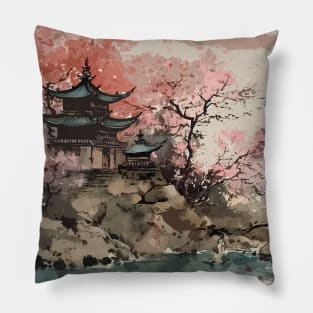 Japan Temple Buddhist watercolor illustration Pillow