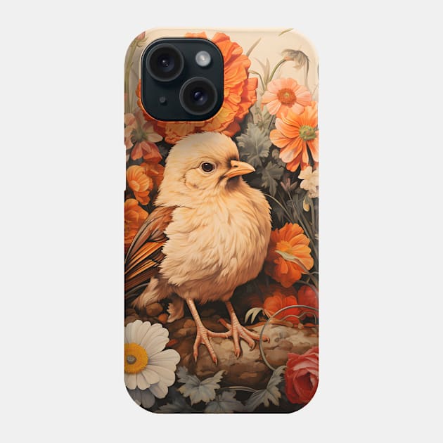 Retro Vintage Art Style Baby Chick surrounded in by Flowers - Whimsical Nature Design Phone Case by The Whimsical Homestead