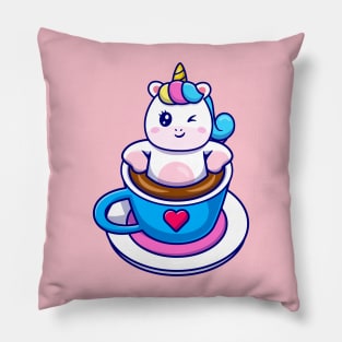 Cute Unicorn Relaxing In Coffee Cup Cartoon Pillow