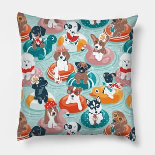 Summer pool pawty // aqua background dog breeds in vacations playing on swimming pool floats Pillow