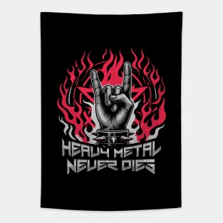 Heavy Metal Never Dies - Flaming Horns Hand Pentagram Rock N' Roll Tapestry