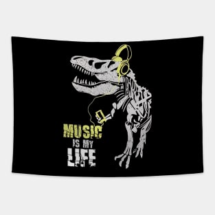 Skeletal Beats: T-Rex Skeleton with Music Player and Headphones Tapestry