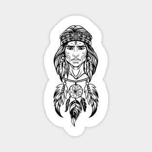 head of an Indian man in a traditional headdress, black and white illustration Magnet