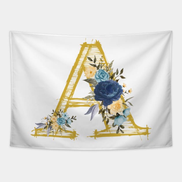 Monogram Letter A In Metallic Gold With Aesthetic Blue Flowers Botany Tapestry by aspinBreedCo2