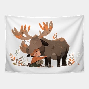 Cute Moose Animal Loving Cuddle Embrace Children Kid Tenderness Tapestry