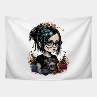 Cartoon little girl with glasses in gothic style at school Tapestry