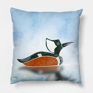 Hooded Merganser duck on water with reflection. Pillow