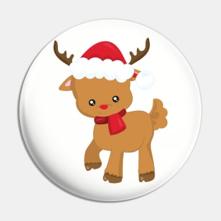 Christmas Reindeer, Red Nose, Santa Hat, New Year Pin