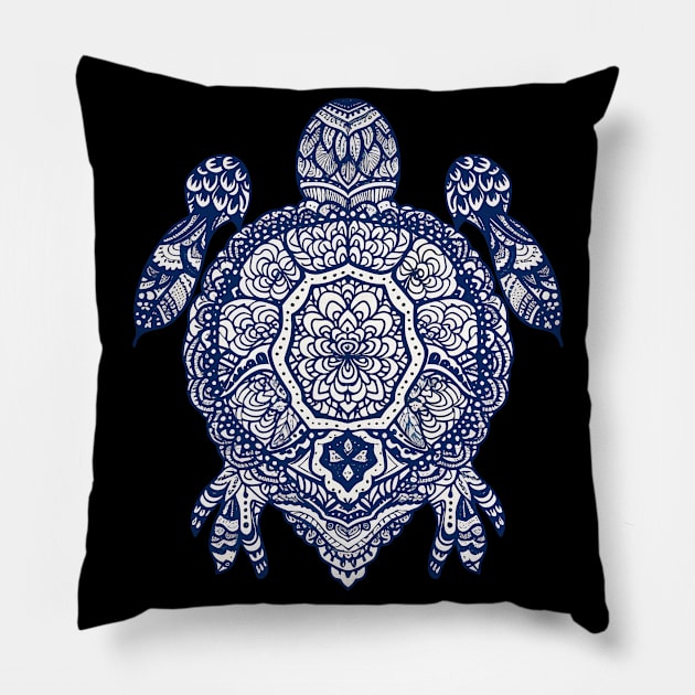 Colorful Blue and White Turtle Mandala Art - Spiritual Ocean Creature Design Pillow by TeeTrendz