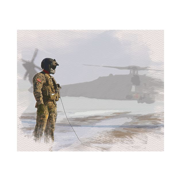 Beautiful watercolor painting of a US army soldier near a US helicopter by DingyDesigns