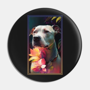 American Staffordshire Terrier Pitbull Vibrant Tropical Flower Tall Digital Oil Painting Portrait  7 Pin