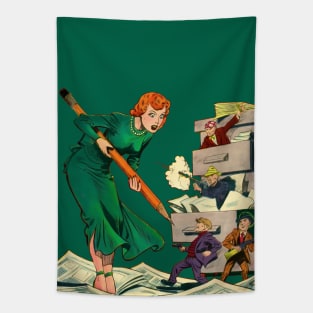 Beautiful Giant Redheaded Woman Brenda Starr Pencil Guns Mobsters Papers Green Dress Retro Comic Vintage Cartoon Book Tapestry