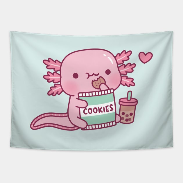 Cute Axolotl Snack On Cookies And Bubble Tea Tapestry by rustydoodle