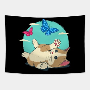 Cute Cat Playing With Butterfly Blue Sky Tapestry