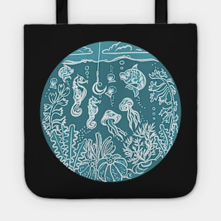 Under the Sea Lino Print Porthole with Fish, Seahorses and Seaweed Tote