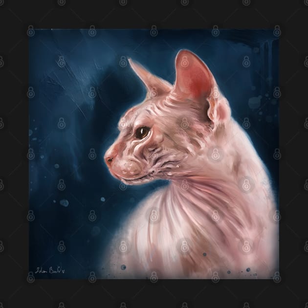 Contemporary Painting of a Hairless Pink Sphynx Cat on Dark Blue Background by ibadishi