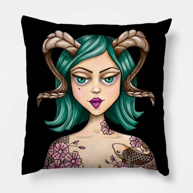 Goat Ram Horn Fantasy Girl Pillow by Artful Starfish