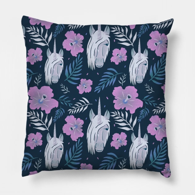 Unicorn Pink Hibiscus Flower Leaves Tropical Pattern Pillow by OneL Design