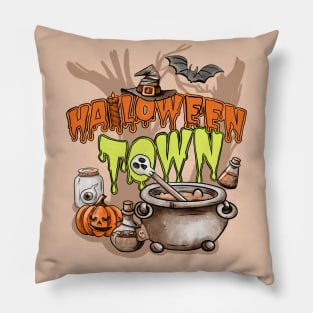 Scary Pumpkin And Bats Halloween Town Pillow