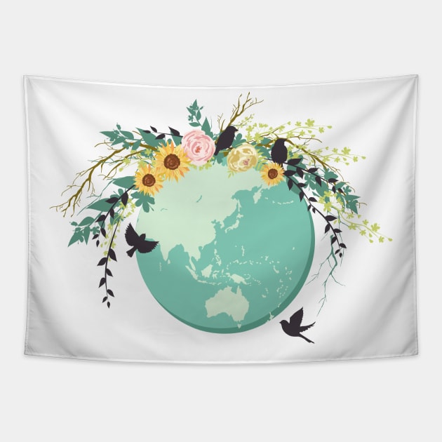 Cute Earth Day Floral Globe Tapestry by SWON Design