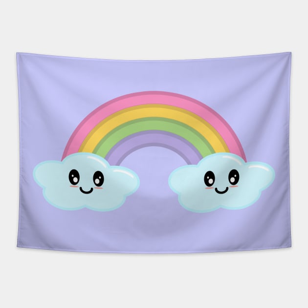 Kawaii Cute Happy Rainbow and Clouds in Purple Tapestry by Kelly Gigi