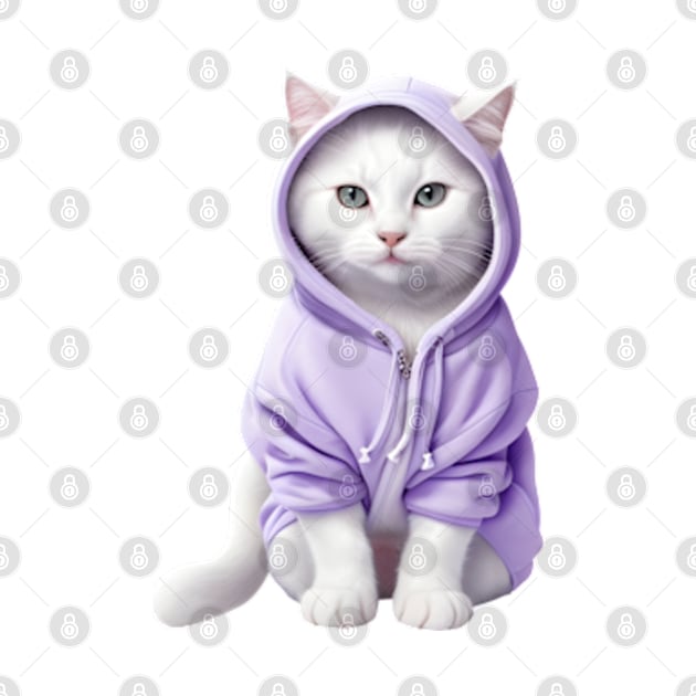 White British shorthair cat wearing purple hoodie by Luckymoney8888