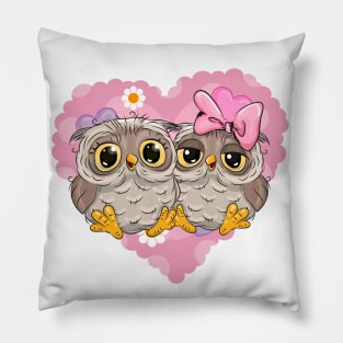 Two cute lovesick owls and a pink heart on the background Pillow