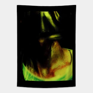 Portrait, digital collage and special processing. Neck close up. Strong guy in leather mask. Green and yellow. Tapestry