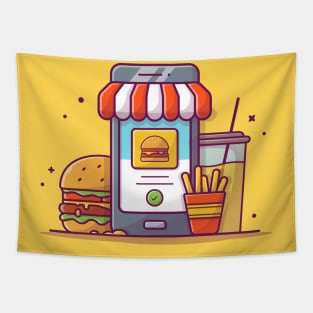 Handphone, Burger, French Fries, And Drink Cartoon Tapestry