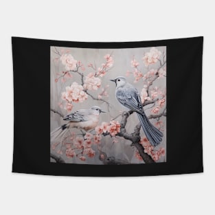 Grey and pink chinoiserie painting with birds and flowers Tapestry