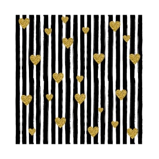 Glitter Chic Pattern 02 | Black Lines with gold hearts T-Shirt