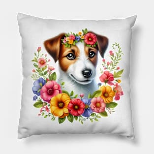 A jack russel terrier with beautiful colorful flowers Pillow