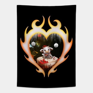 Cute little christmas cow with bird Tapestry