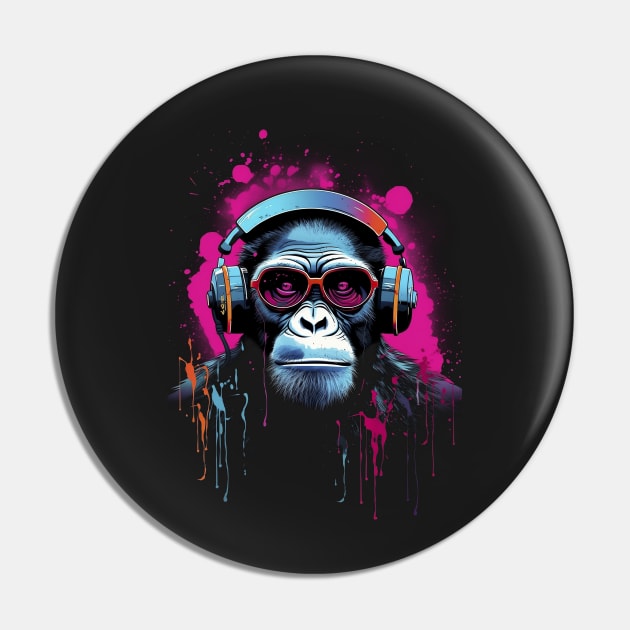 Colorful Chimpanzee 2D Ink and Paint Splashes - Street Art Graffiti Style Print Pin by Abili-Tees