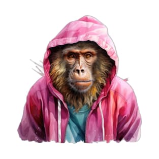 Watercolor Cartoon Baboon in a Hoodie T-Shirt