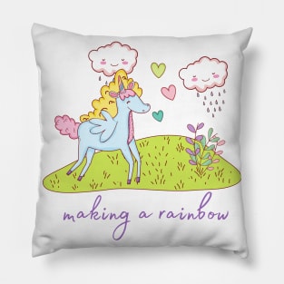 Cute Little Unicorn Making a Rainbow Pillow