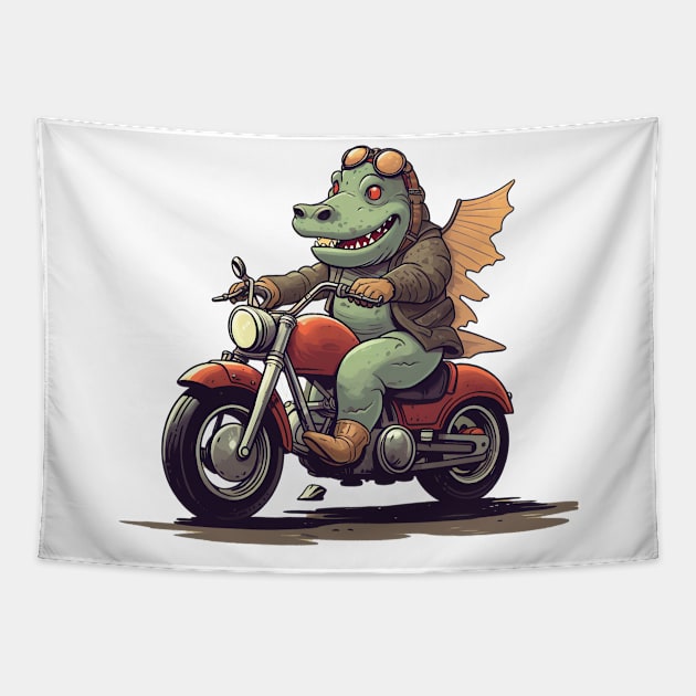 Dino Biker Retro Motorcycle Tapestry by Nenok
