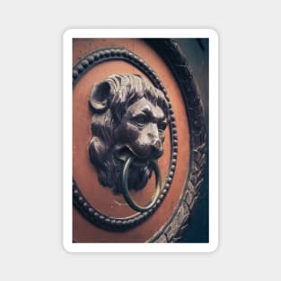 A decorative door knocker shaped like a lion's head Magnet