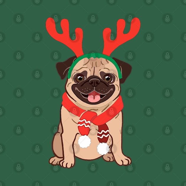 Pug In A Christmas Headband by stripedbeetlee