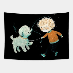 Cute Boy Running With Dog Cartoon Tapestry