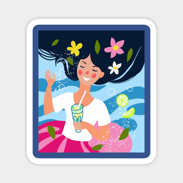 cartoon girl on the background of the sea drinks a mojito cocktail in summer cartoon girl on the background of the sea drinks a mojito cocktail in summer Magnet by sonaart