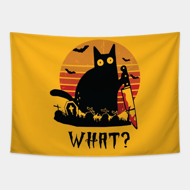 What? Funny Scary Black Cat With Knife Halloween Cat Lover Gift Tapestry by BadDesignCo