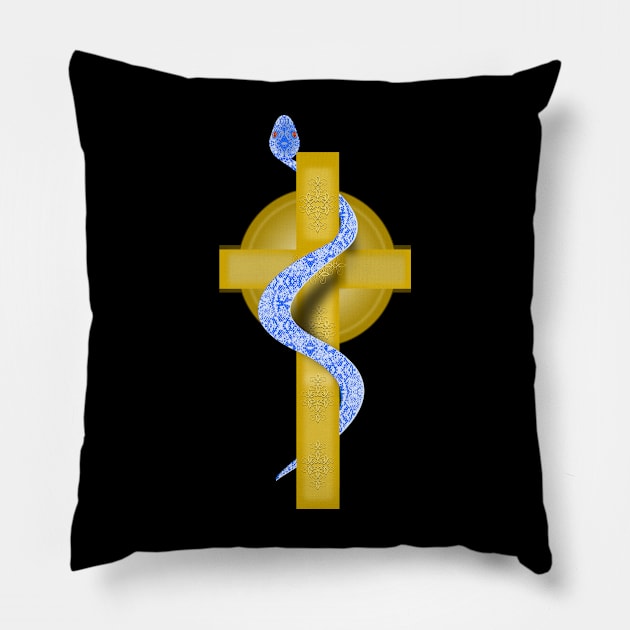 Blue-White Cruccified Serpent on Cross Pillow by geodesyn