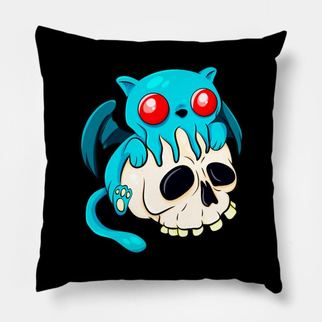 Cthulhu Cat Cute Kawaii Cathulhu Kitten Fun Skull Pillow by Foxxy Merch