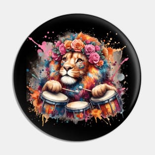 Lion Playing Drums Pin