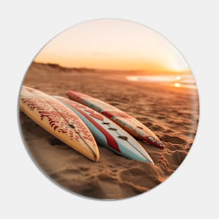 Surf School and Surfboards on the sunset beach sand Pin