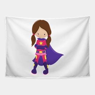 Superhero Girl, Brown Hair, Cute Girl, Purple Cape Tapestry