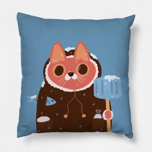 Red-haired Cat in a jacket with a shovel under the snow Pillow