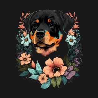 Rottweiler Puppy Dog Cute Floral Flower Art Black T-Shirt