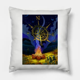 Campfire and night sky with compass Pillow